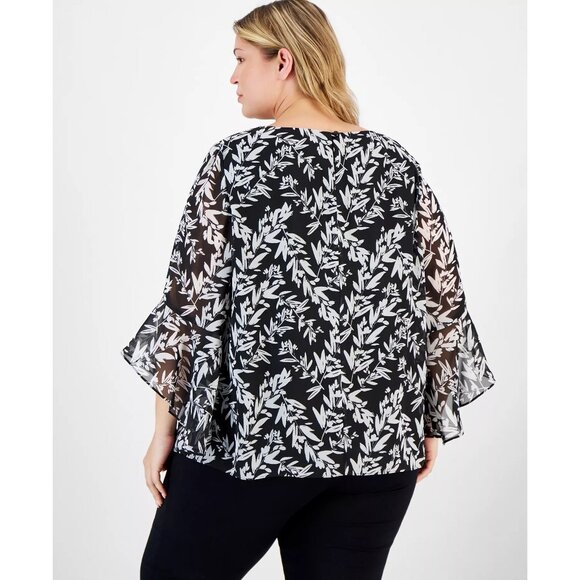 Kasper Plus Size Printed Crewneck Ruffle-Sleeve Lined Floral Blouse Size 2X NWT - Picture 2 of 3